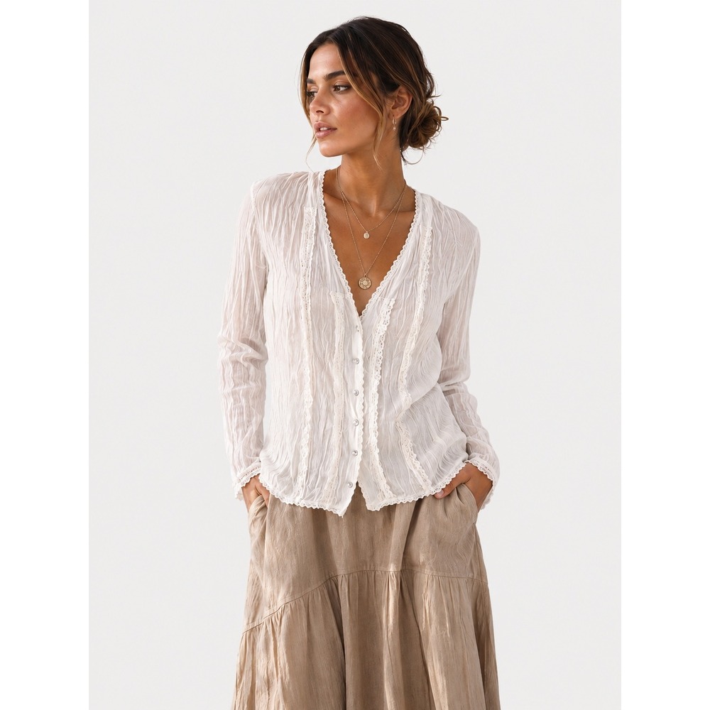 Le Caviar White Boho Crinkle Lace Trim V-Neck Button Front Blouse Large L